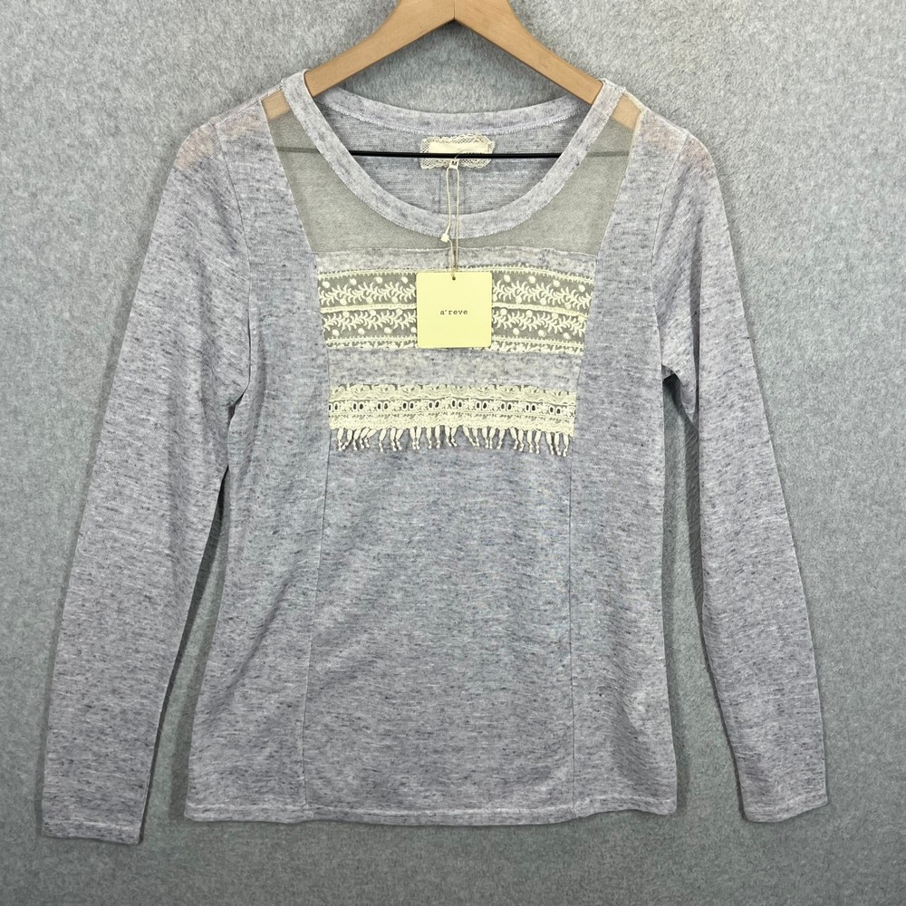 A'reve Long Sleeve Top Womens Size M Gray Lace Mesh Trim‎ Boho Lightweight NWT